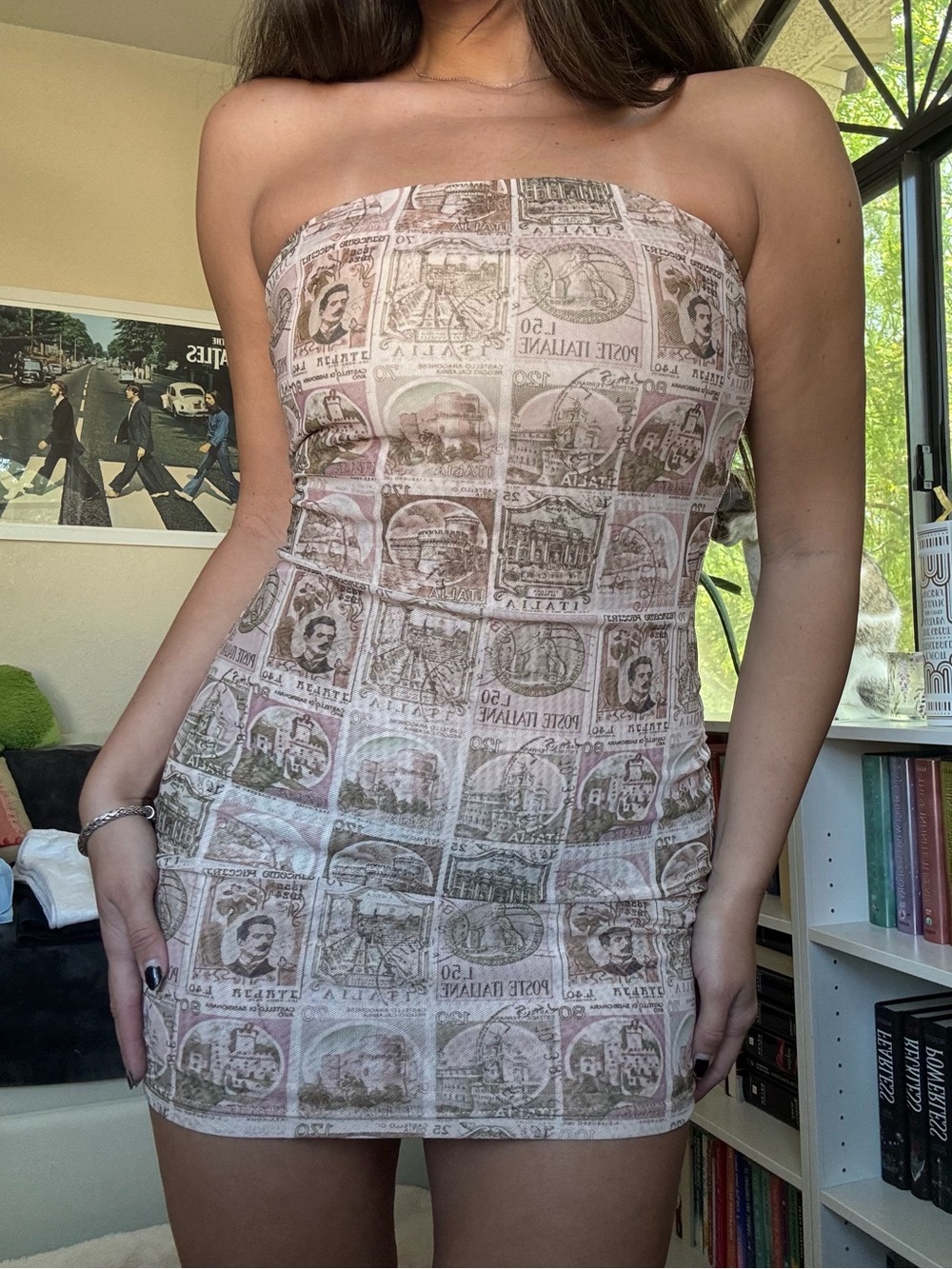 Tiger Mist Italian Postage Stamp Bodycon Strapless Mini Dress